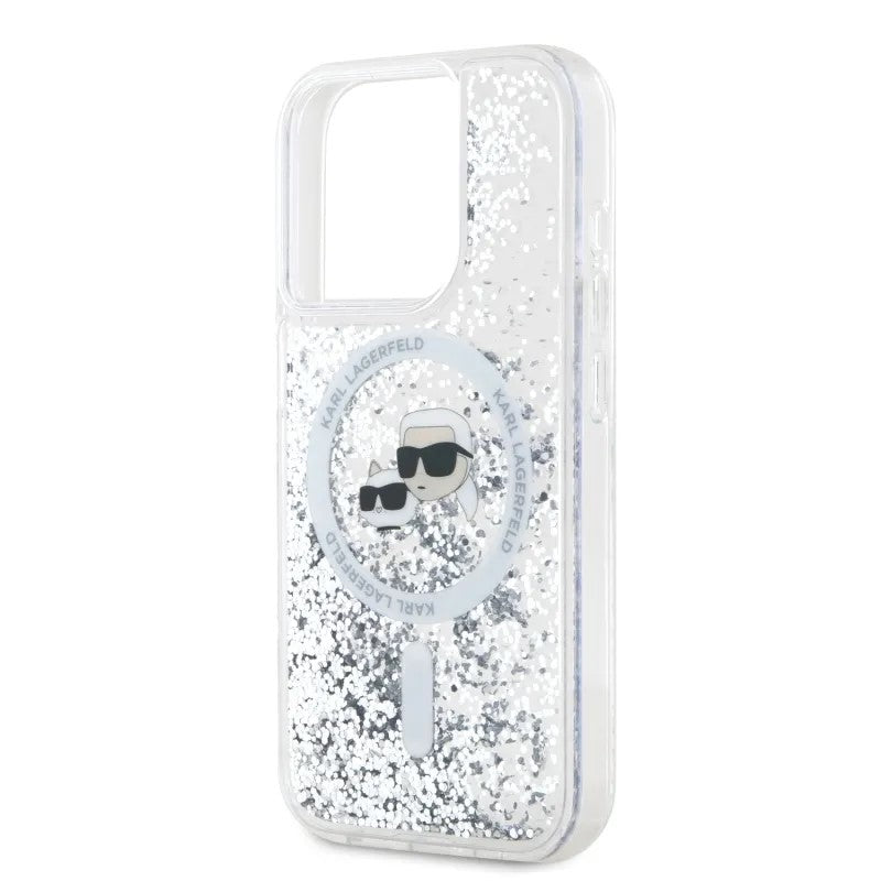 Funda MagSafe para Apple iPhone 15 Pro Max, Karl Lagerfeld, Liquid Glitter Karl & Choupette's Heads, Transparente