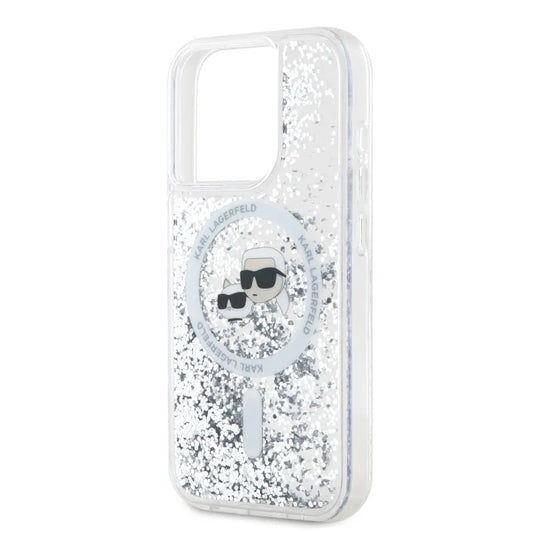 Funda MagSafe para Apple iPhone 15 Pro Max, Karl Lagerfeld, Liquid Glitter Karl & Choupette's Heads, Transparente