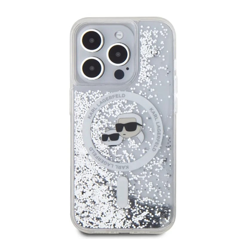 Funda MagSafe para Apple iPhone 15 Pro Max, Karl Lagerfeld, Liquid Glitter Karl & Choupette's Heads, Transparente