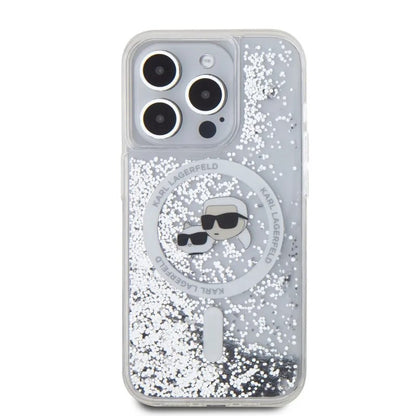 Funda MagSafe para Apple iPhone 15 Pro Max, Karl Lagerfeld, Liquid Glitter Karl & Choupette's Heads, Transparente