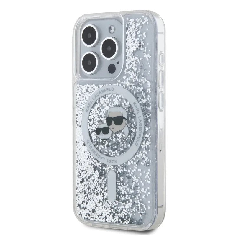 Funda MagSafe para Apple iPhone 15 Pro Max, Karl Lagerfeld, Liquid Glitter Karl & Choupette's Heads, Transparente