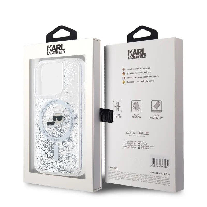 Funda MagSafe para Apple iPhone 15 Pro Max, Karl Lagerfeld, Liquid Glitter Karl & Choupette's Heads, Transparente