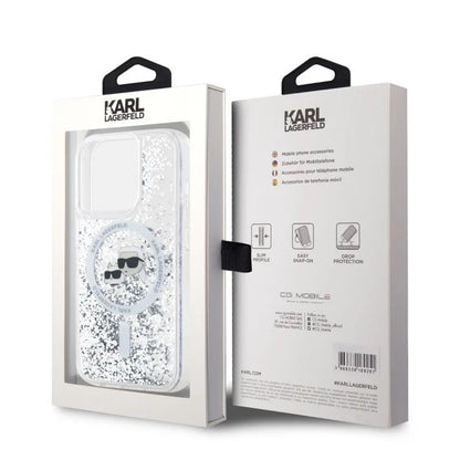 Funda MagSafe para Apple iPhone 15 Pro Max, Karl Lagerfeld, Liquid Glitter Karl & Choupette's Heads, Transparente