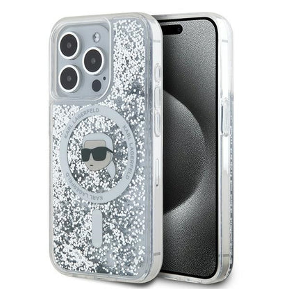Funda MagSafe para Apple iPhone 15 Pro Max, Karl Lagerfeld, Liquid Glitter Karl's Head, Transparente