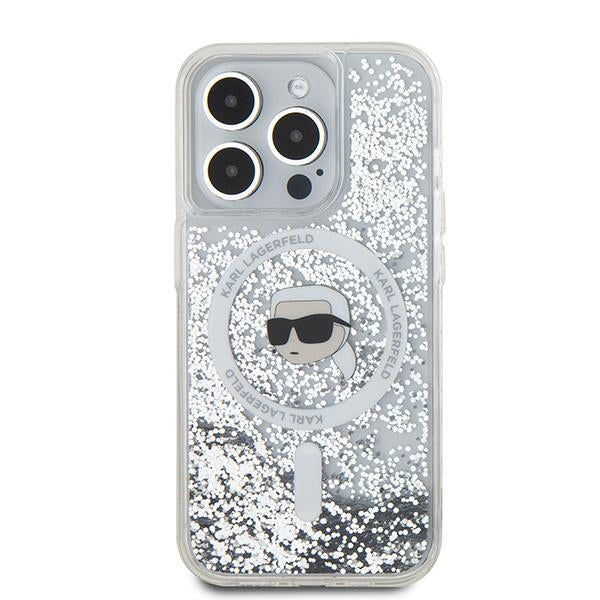 Funda MagSafe para Apple iPhone 15 Pro Max, Karl Lagerfeld, Liquid Glitter Karl's Head, Transparente