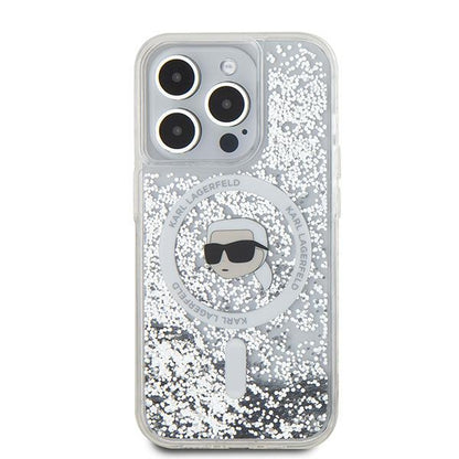 Funda MagSafe para Apple iPhone 15 Pro Max, Karl Lagerfeld, Liquid Glitter Karl's Head, Transparente