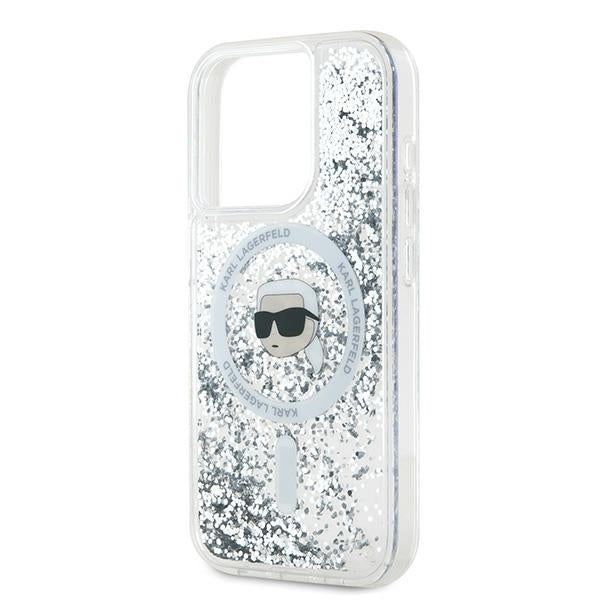 Funda MagSafe para Apple iPhone 15 Pro Max, Karl Lagerfeld, Liquid Glitter Karl's Head, Transparente