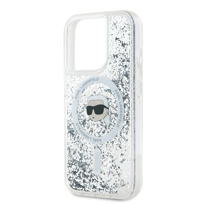 Funda MagSafe para Apple iPhone 15 Pro Max, Karl Lagerfeld, Liquid Glitter Karl's Head, Transparente
