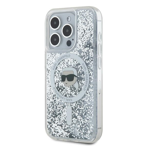 Funda MagSafe para Apple iPhone 15 Pro Max, Karl Lagerfeld, Liquid Glitter Karl's Head, Transparente