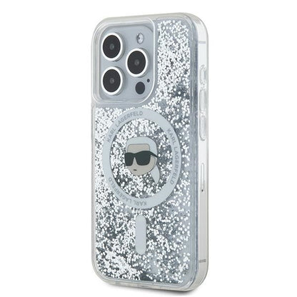 Funda MagSafe para Apple iPhone 15 Pro Max, Karl Lagerfeld, Liquid Glitter Karl's Head, Transparente
