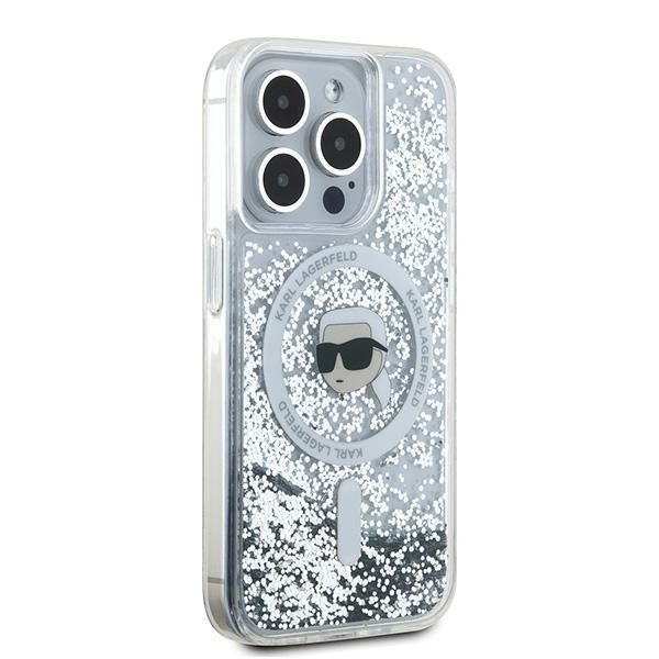 Funda MagSafe para Apple iPhone 15 Pro Max, Karl Lagerfeld, Liquid Glitter Karl's Head, Transparente