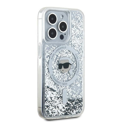 Funda MagSafe para Apple iPhone 15 Pro Max, Karl Lagerfeld, Liquid Glitter Karl's Head, Transparente