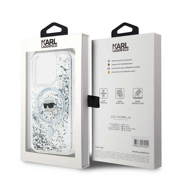 Funda MagSafe para Apple iPhone 15 Pro Max, Karl Lagerfeld, Liquid Glitter Karl's Head, Transparente