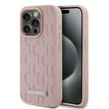 Funda MagSafe para Apple iPhone 15 Pro Max, Karl Lagerfeld, Monograma Logo Metálico, Rosa