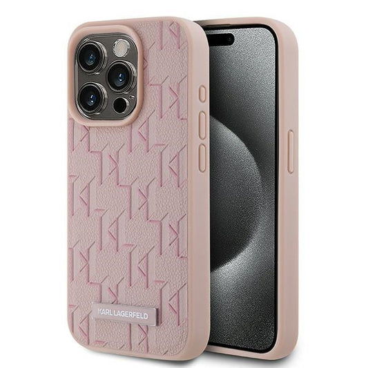 Funda MagSafe para Apple iPhone 15 Pro Max, Karl Lagerfeld, Monograma Logo Metálico, Rosa