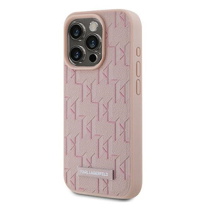 Funda MagSafe para Apple iPhone 15 Pro Max, Karl Lagerfeld, Monograma Logo Metálico, Rosa