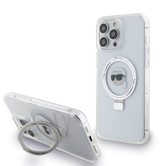 Funda MagSafe para Apple iPhone 15 Pro Max, Karl Lagerfeld, Ring Stand Karl's Head, Blanca