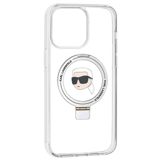 Funda MagSafe para Apple iPhone 15 Pro Max, Karl Lagerfeld, Ring Stand Karl's Head, Blanca
