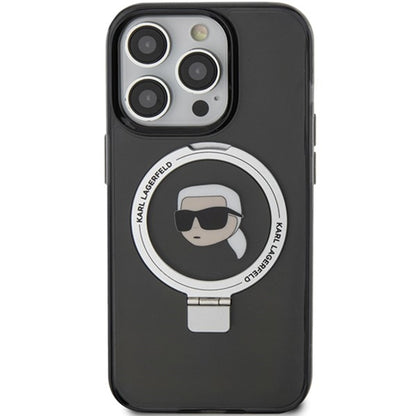 Funda MagSafe para Apple iPhone 15 Pro Max, Karl Lagerfeld, Ring Stand Karl's Head, Negra