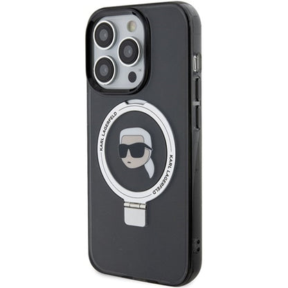 Funda MagSafe para Apple iPhone 15 Pro Max, Karl Lagerfeld, Ring Stand Karl's Head, Negra