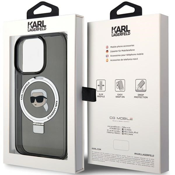 Funda MagSafe para Apple iPhone 15 Pro Max, Karl Lagerfeld, Ring Stand Karl's Head, Negra