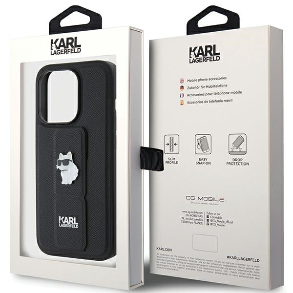 Funda MagSafe para Apple iPhone 15 Pro Max, Karl Lagerfeld, Saffiano Gripstand Choupette, Negra