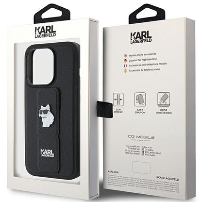 Funda MagSafe para Apple iPhone 15 Pro Max, Karl Lagerfeld, Saffiano Gripstand Choupette, Negra