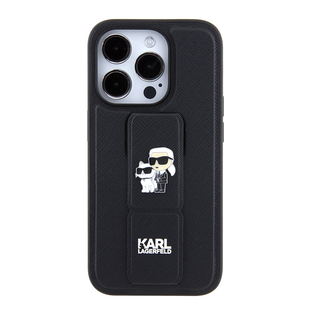 Funda MagSafe para Apple iPhone 15 Pro Max, Karl Lagerfeld, Saffiano Gripstand Karl & Choupette, Negra