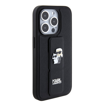 Funda MagSafe para Apple iPhone 15 Pro Max, Karl Lagerfeld, Saffiano Gripstand Karl & Choupette, Negra