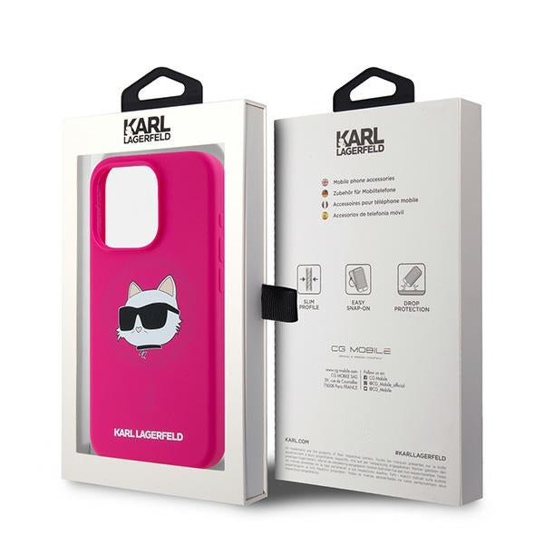 Funda MagSafe para Apple iPhone 15 Pro Max, Karl Lagerfeld, Silicona Cabeza de Choupette, Fucsia