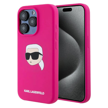 Funda MagSafe para Apple iPhone 15 Pro Max, Karl Lagerfeld, Silicona Cabeza de Karl, Fucsia