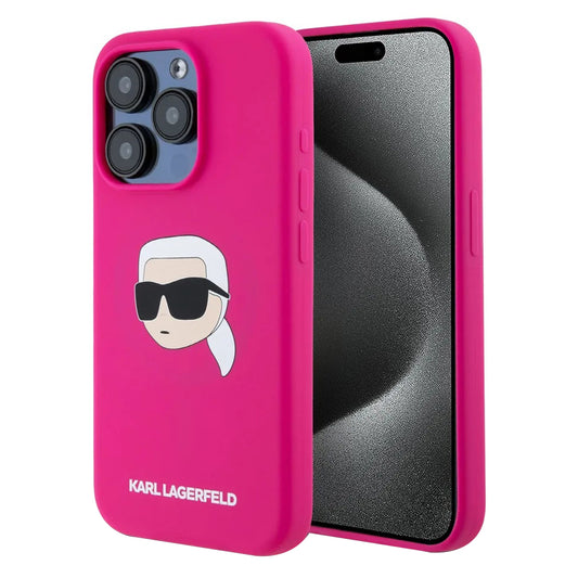 Funda MagSafe para Apple iPhone 15 Pro Max, Karl Lagerfeld, Silicona Cabeza de Karl, Fucsia