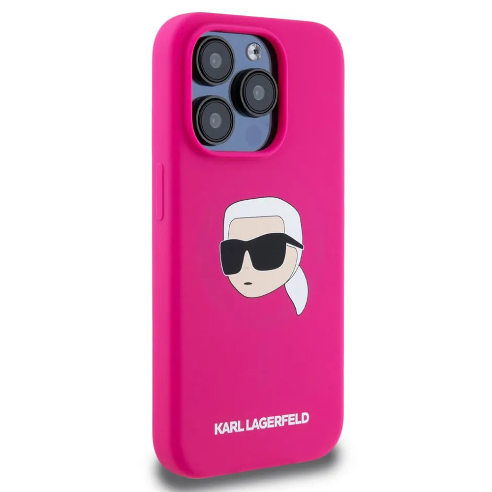 Funda MagSafe para Apple iPhone 15 Pro Max, Karl Lagerfeld, Silicona Cabeza de Karl, Fucsia