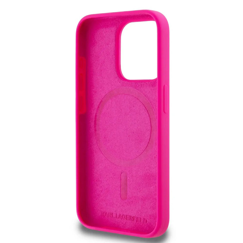 Funda MagSafe para Apple iPhone 15 Pro Max, Karl Lagerfeld, Silicona Cabeza de Karl, Fucsia