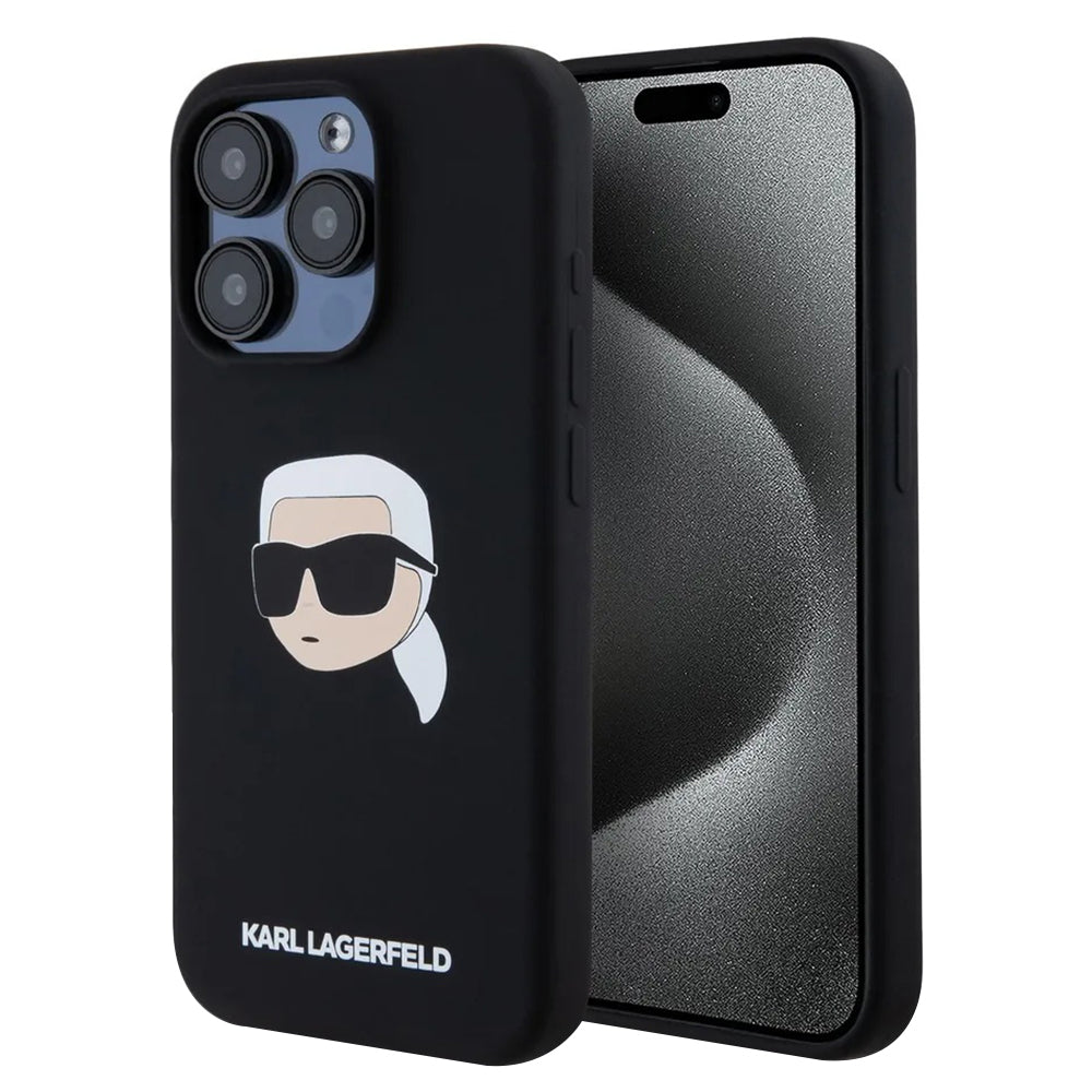Funda MagSafe para Apple iPhone 15 Pro Max, Karl Lagerfeld, Silicona Cabeza de Karl, Negra