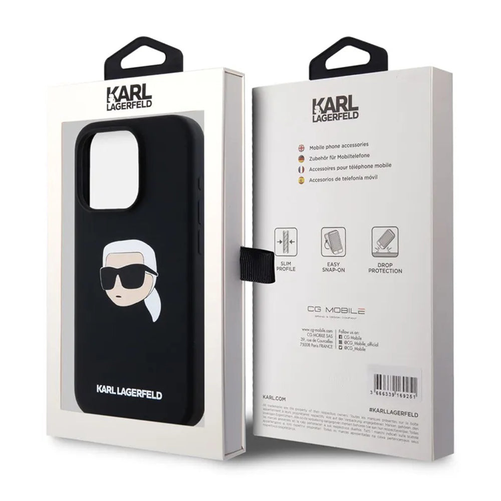 Funda MagSafe para Apple iPhone 15 Pro Max, Karl Lagerfeld, Silicona Cabeza de Karl, Negra