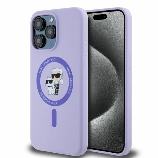 Funda MagSafe para Apple iPhone 15 Pro Max, Karl Lagerfeld, Anillo de Silicona Karl & Choupette, Morado
