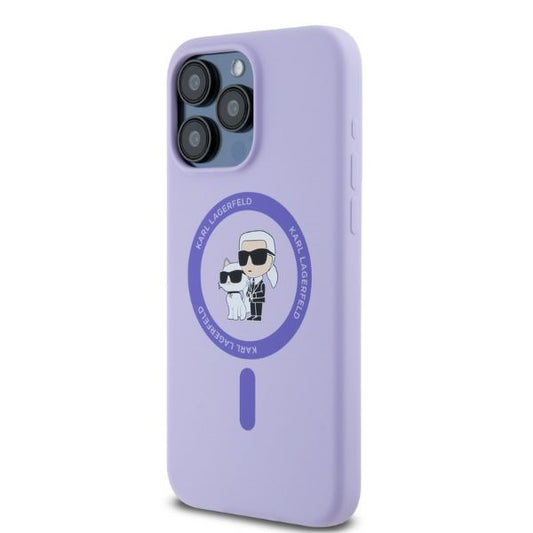 Funda MagSafe para Apple iPhone 15 Pro Max, Karl Lagerfeld, Anillo de Silicona Karl & Choupette, Morado