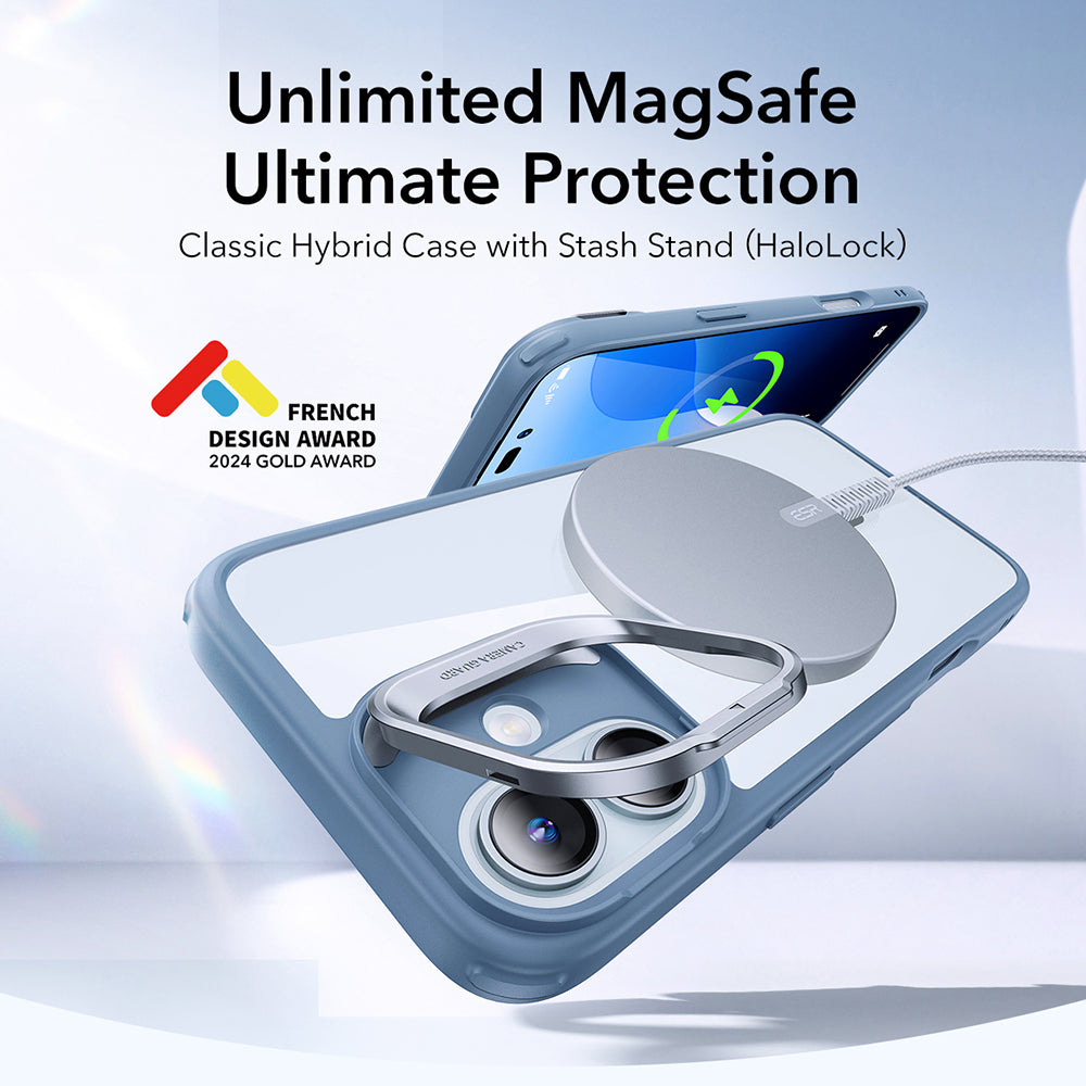 Funda MagSafe para Apple iPhone 16, ESR, Classic Hybrid Kickstand, Azul Transparente