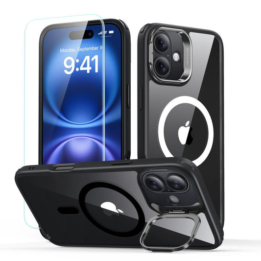 Funda MagSafe para Apple iPhone 16, ESR, Classic Hybrid Kickstand con Protector de Pantalla, Negra Transparente