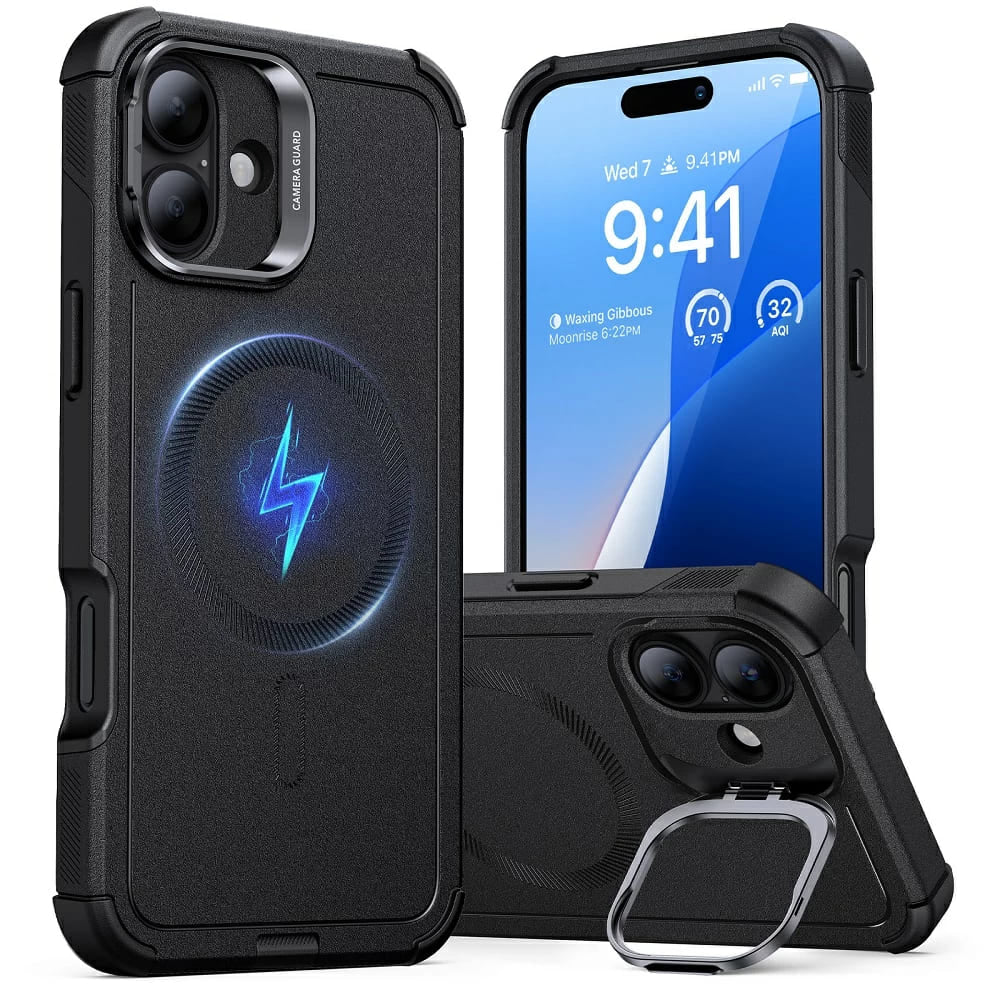 Funda MagSafe para Apple iPhone 16, ESR, Cyber Armor Kickstand, Negra
