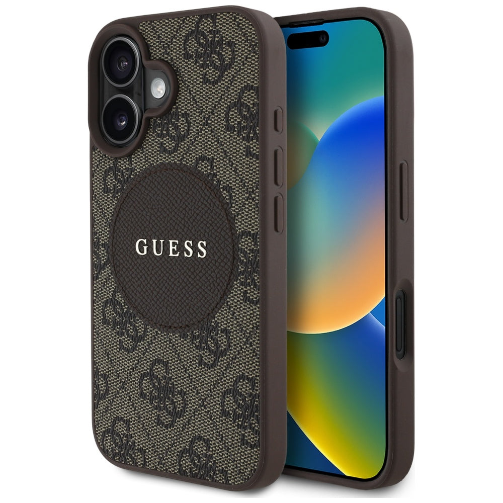 Funda MagSafe para Apple iPhone 16, Guess, 4G Circle Classic Logo, Marrón