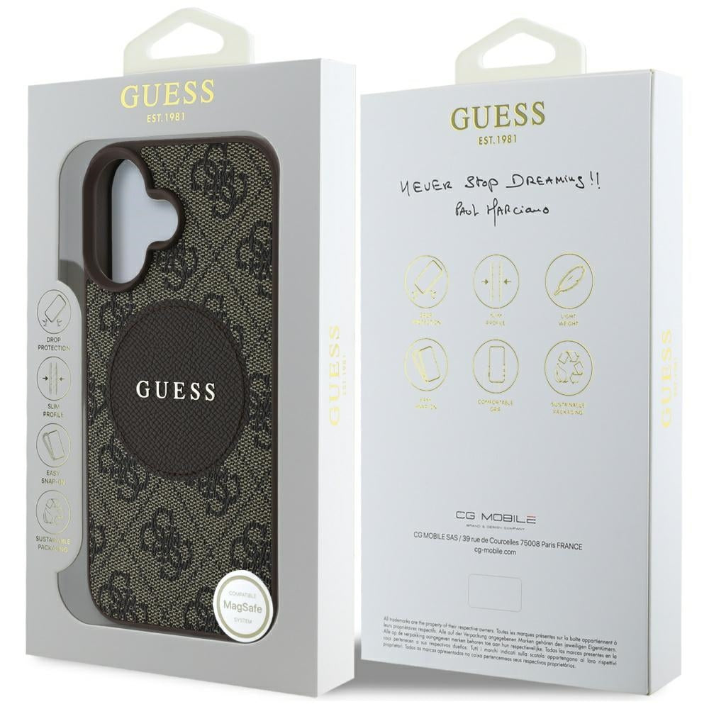 Funda MagSafe para Apple iPhone 16, Guess, 4G Circle Classic Logo, Marrón