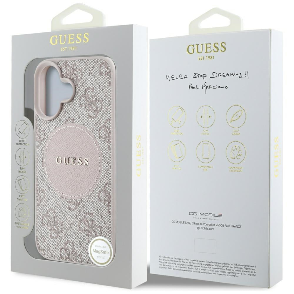 Funda MagSafe para Apple iPhone 16, Guess, 4G Circle Classic Logo, Rosa