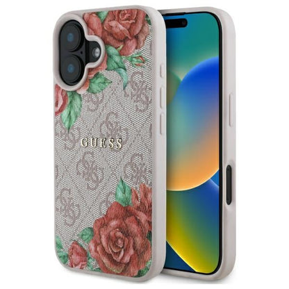 Funda MagSafe para Apple iPhone 16, Guess, 4G Flowers Print, Rosa