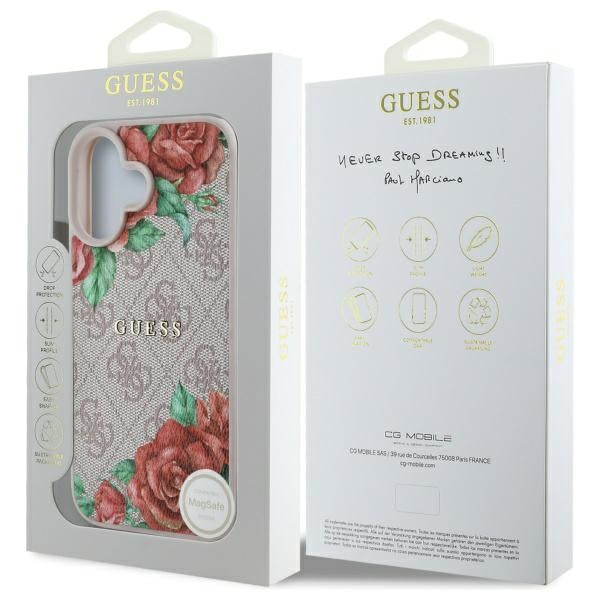 Funda MagSafe para Apple iPhone 16, Guess, 4G Flowers Print, Rosa