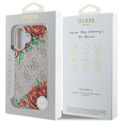 Funda MagSafe para Apple iPhone 16, Guess, 4G Flowers Print, Rosa