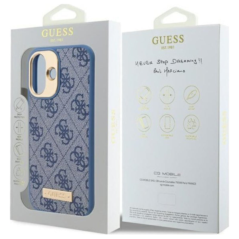 Funda MagSafe para Apple iPhone 16, Guess, 4G Logo Plate, Azul