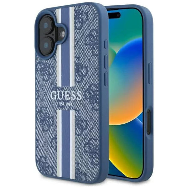 Funda MagSafe para Apple iPhone 16, Guess, 4G Printed Stripes, Azul