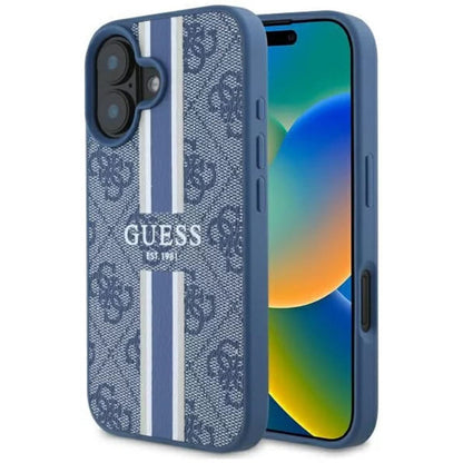 Funda MagSafe para Apple iPhone 16, Guess, 4G Printed Stripes, Azul